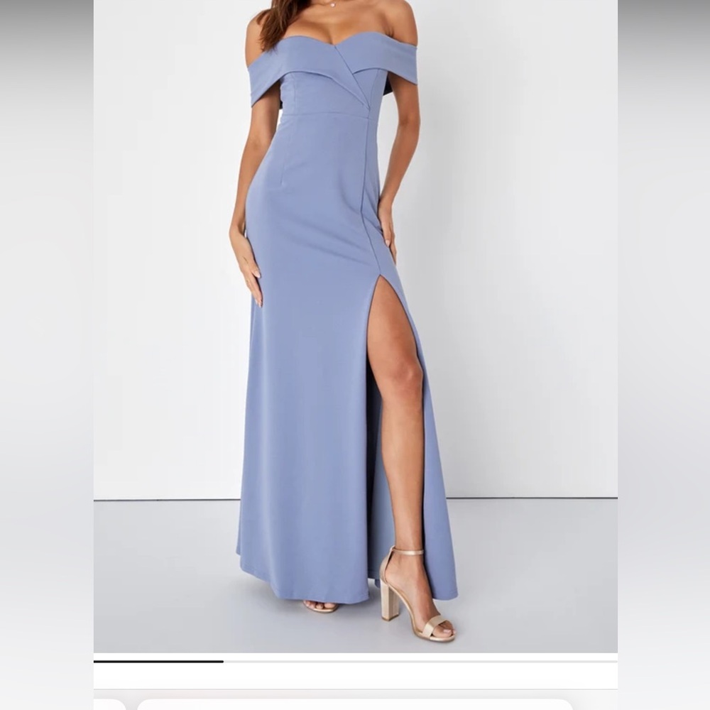 Bridesmaid perfect NWT Lulus blue grey blue off the shoulder maxi dress